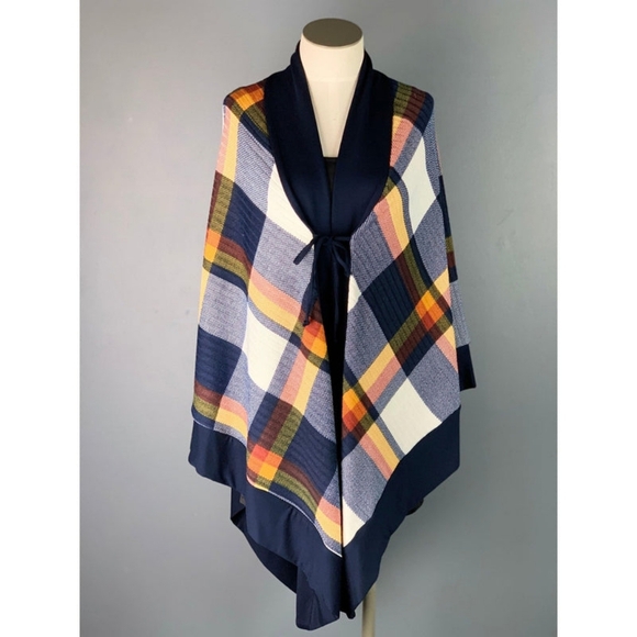 pure essence Accessories - Pure Essence Navy Plaid Poncho Wrap Sweater Scarf XS Small Apres Yoga Outerwear